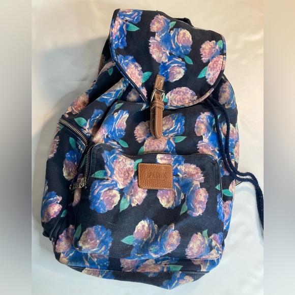 Victoria\'s Secret Blue FLORAL Backpack Hobo Book Bag PINK Floral Backpack By Victoria main image 3